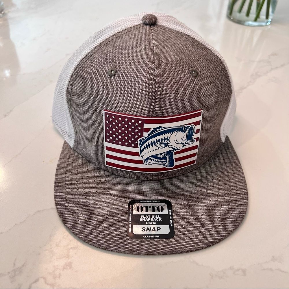 NWT OTTO Grey Bass American Flag Flat Bill Snap Back Hat